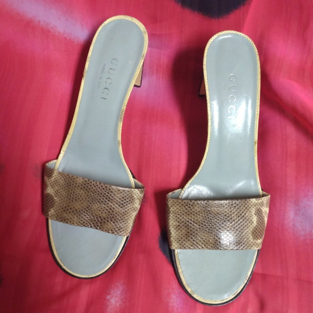 ❤️GUCCI TOM FORD Snake Slip On Chunky Wood Heel Slides Sandals Shoe 8 B Italy - Picture 2 of 10